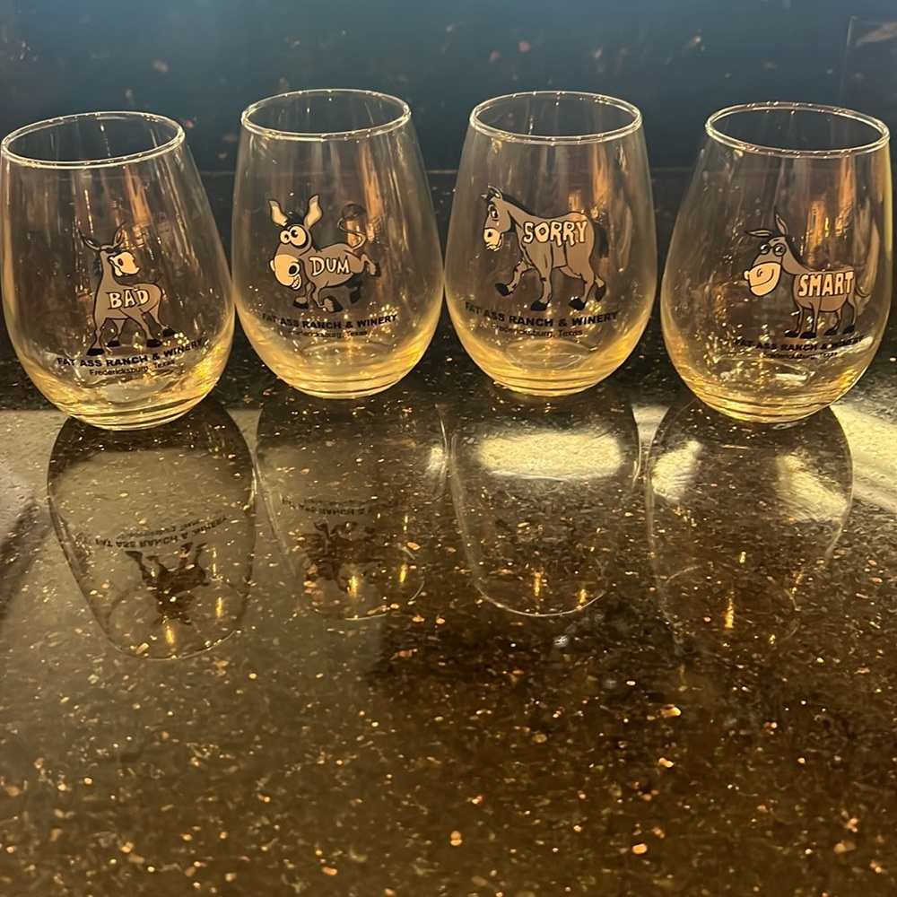 New Fat Ass Ranch & Winery set of four stemless wine glasses